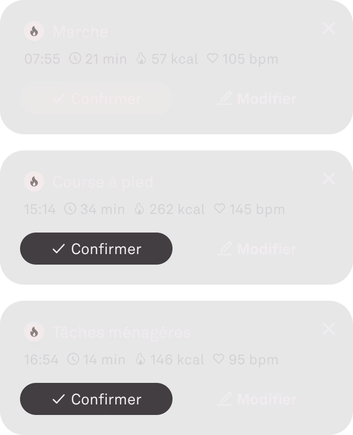 Interface utilisateur de l'application KEORA représentant la détection automatique d'activité.