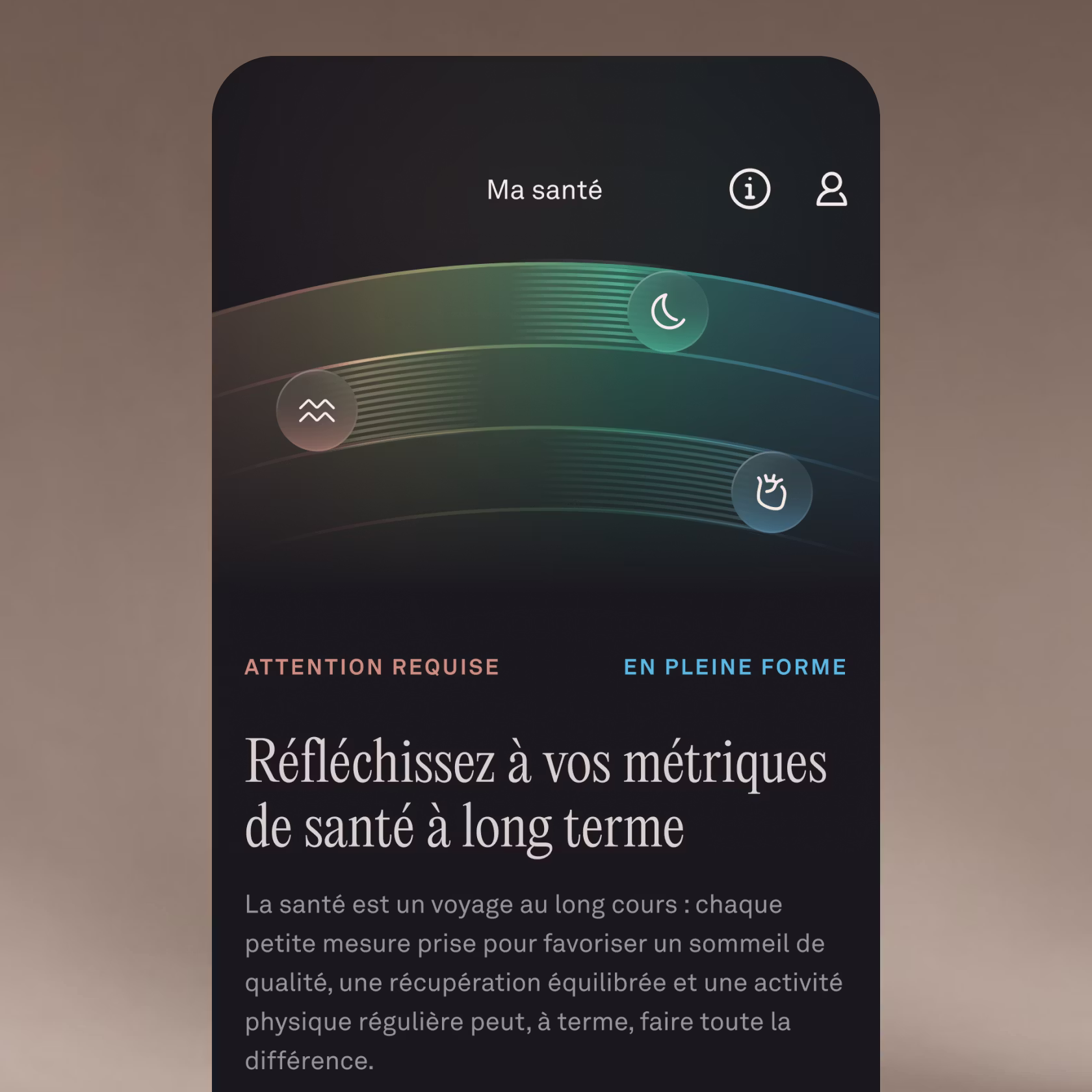 Capture de l'écran Ma santé dans l'application KEORA, affichant des informations sur l'évolution de la santé cardiaque et la gestion du stress