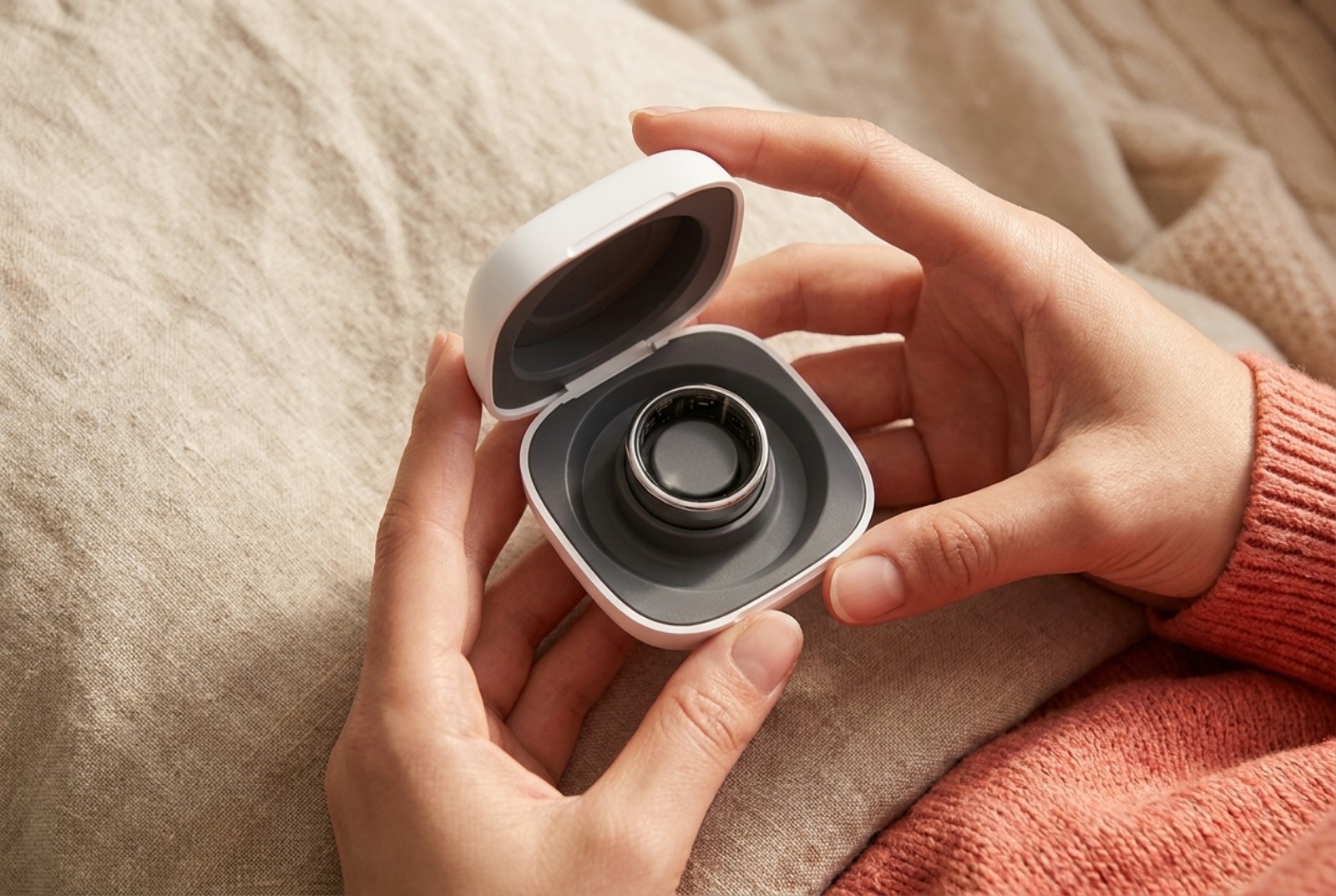 Gros plan d’un KEORA Ring 6 Charging Case ouvert, placé dans des mains