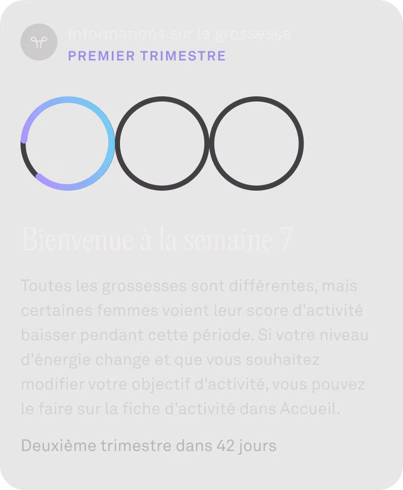 Application KEORA affichant un calendrier avec des cercles de progression dans informations sur la grossesse