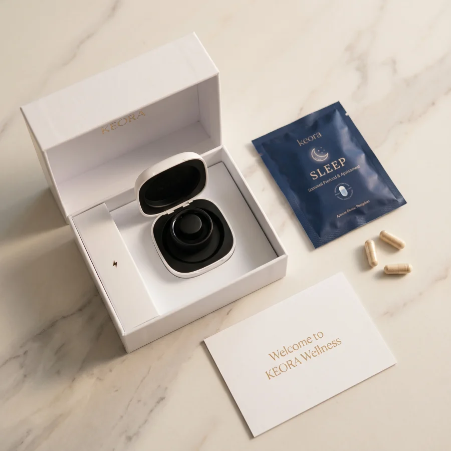 Coffret KEORA ouvert avec la bague, un sachet et la carte de bienvenue